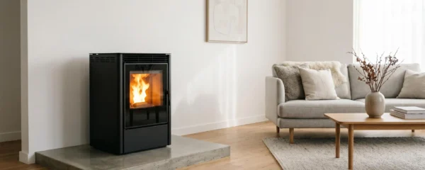 Poêle à granulés moderne en fonctionnement dans un salon contemporain, vitre propre laissant apparaître les flammes, ambiance lumineuse et apaisante