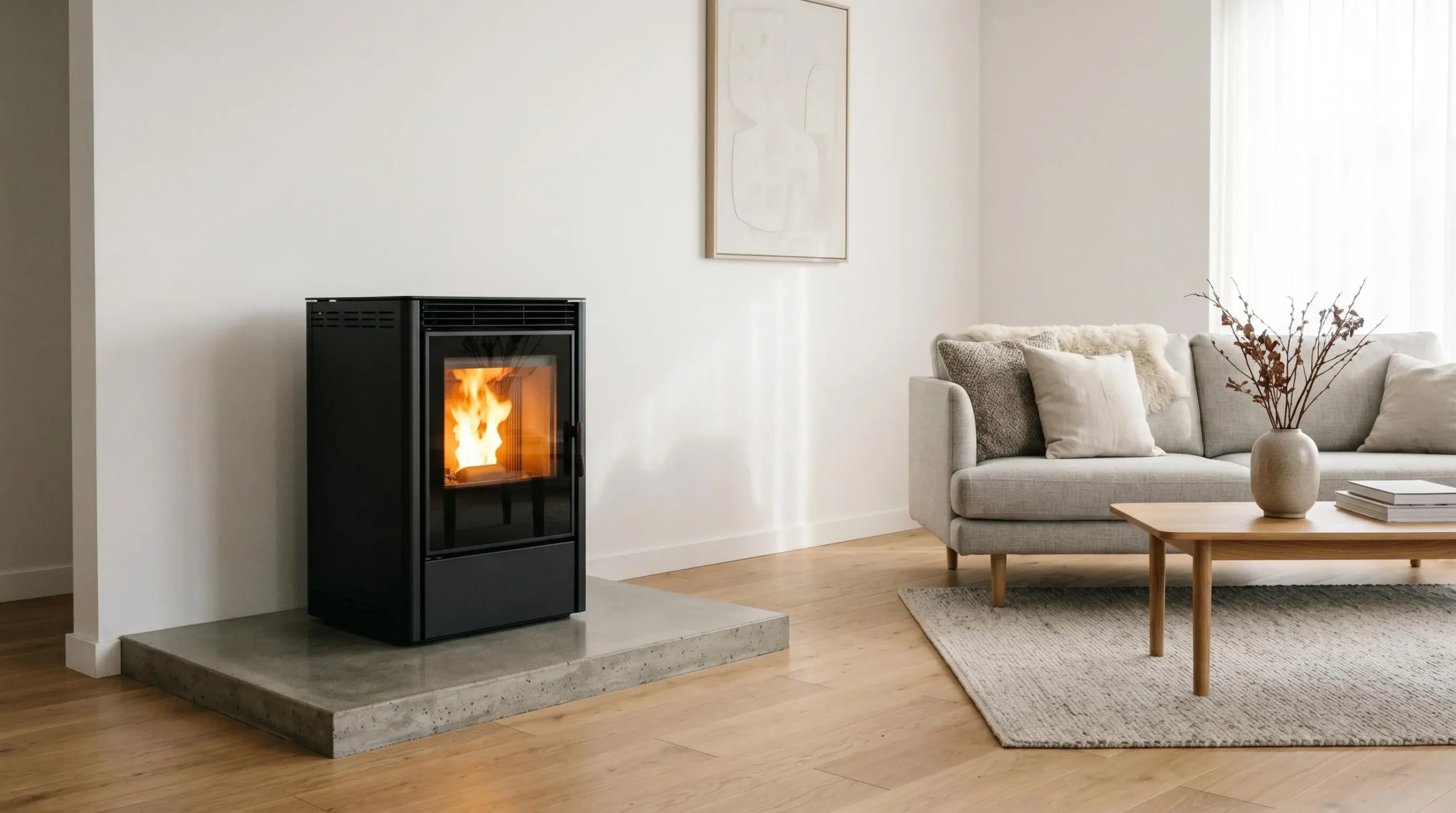 Poêle à granulés moderne en fonctionnement dans un salon contemporain, vitre propre laissant apparaître les flammes, ambiance lumineuse et apaisante