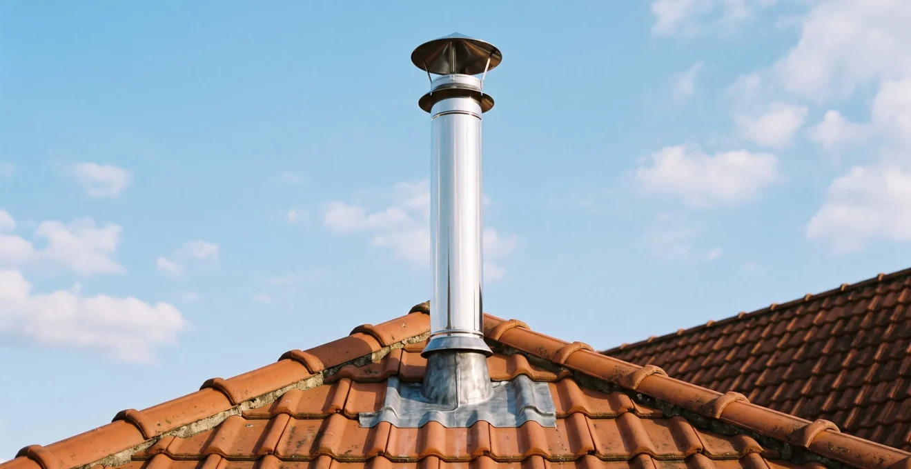 Conduit de fumée inox double paroi avec chapeau terminal anti-pluie conique dépassant verticalement d'une toiture en tuiles rouges, solin d'étanchéité gris visible à la base, ciel bleu en arrière-plan