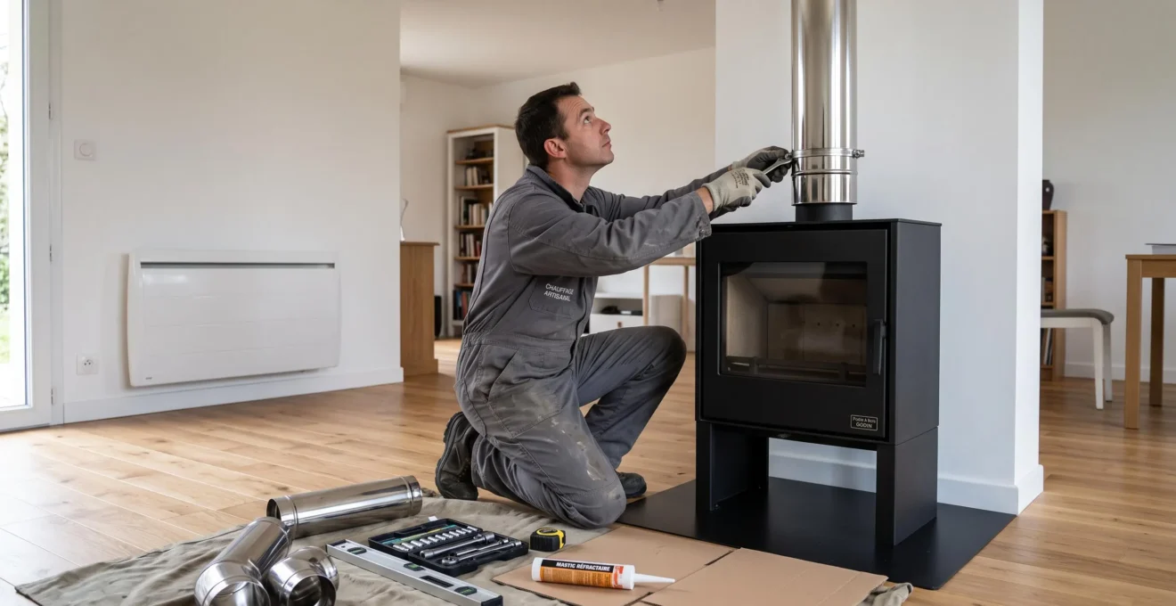 Installateur professionnel en combinaison de travail raccordant un poêle à bois noir mat à un conduit de fumée inox double paroi dans un salon français moderne avec parquet chêne clair, outils et matériel de protection au sol