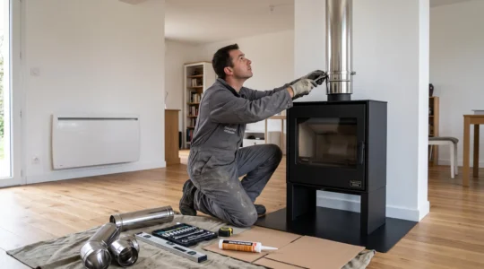 Installateur professionnel en combinaison de travail raccordant un poêle à bois noir mat à un conduit de fumée inox double paroi dans un salon français moderne avec parquet chêne clair, outils et matériel de protection au sol